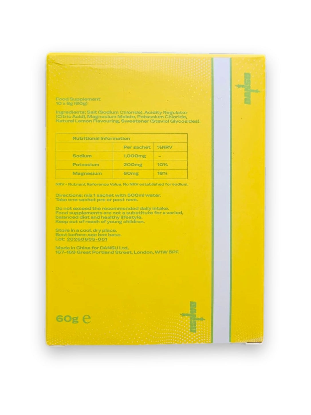 Dansu Reload Rave Electrolytes - Lemonade Salt box, back of pack nutritional info