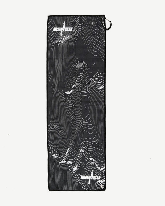 SOUND WAVES rave towel - black microfibre with white contour print, carabiner clip at the top and hanging grommet at the bottom