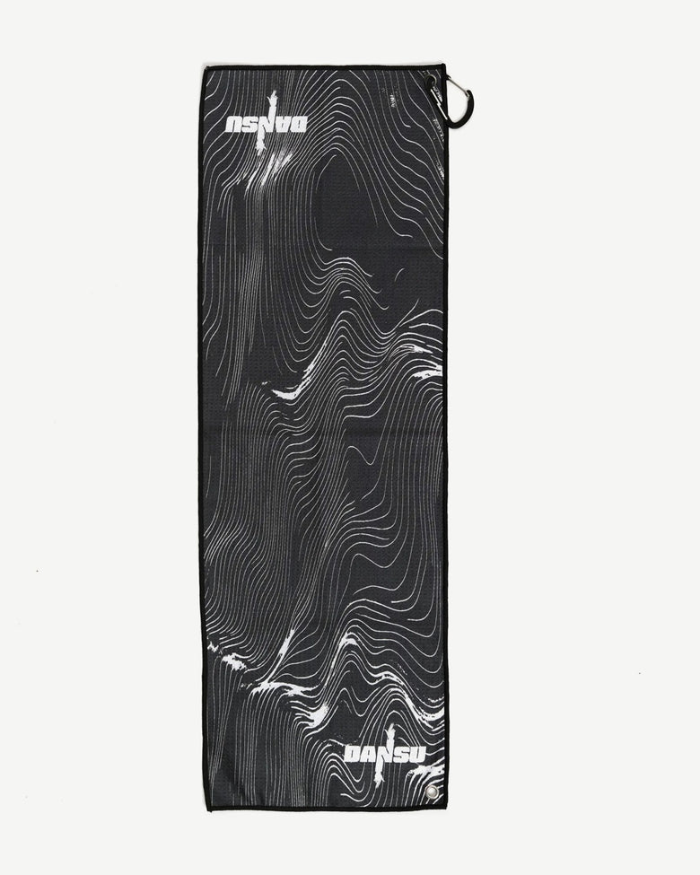 SOUND WAVES rave towel - black microfibre with white contour print, carabiner clip at the top and hanging grommet at the bottom